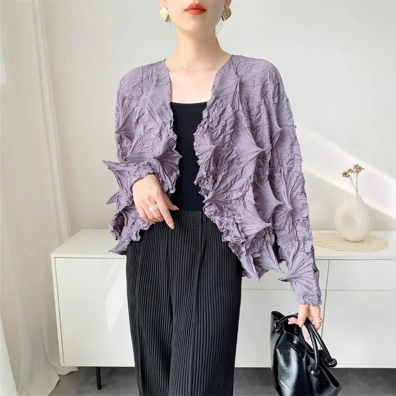 

Miyake Pleated Shirt Pure Handmade Pleats Jacket Miyake Wind Messy Long-sleeved Shirt Female 2025 Fall New Solid Color Blouse