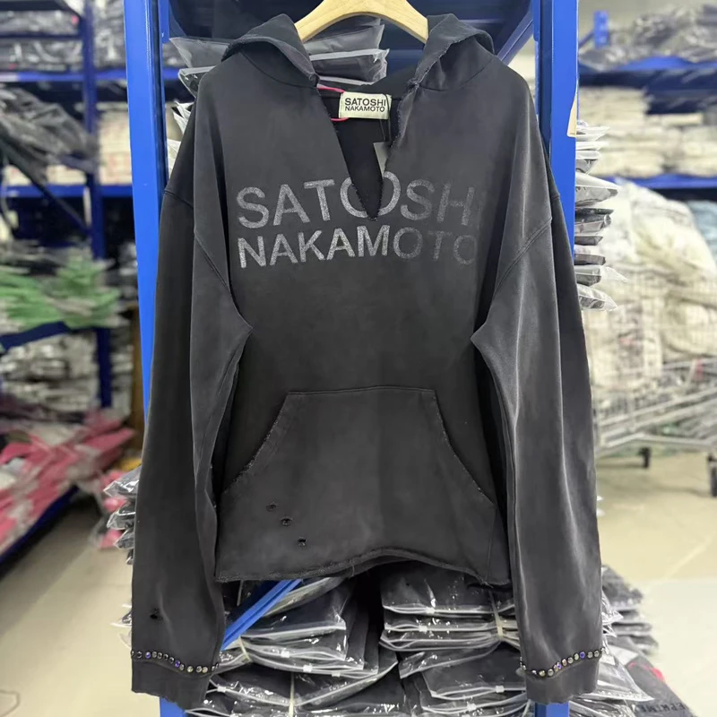 High Street Faded Cropped Satoshi Nakamoto Hooded Sweatshirt Irregular Raw Edge Ripped Detail Loose Drop Shoulder Tops