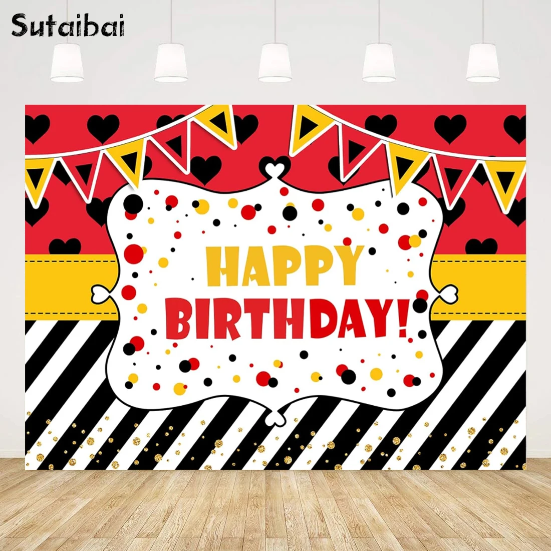 Happy Birthday Backdrop for Kids Red Yellow Black and White Stripes Golden Dots Sweetheart Birthday Photography Background