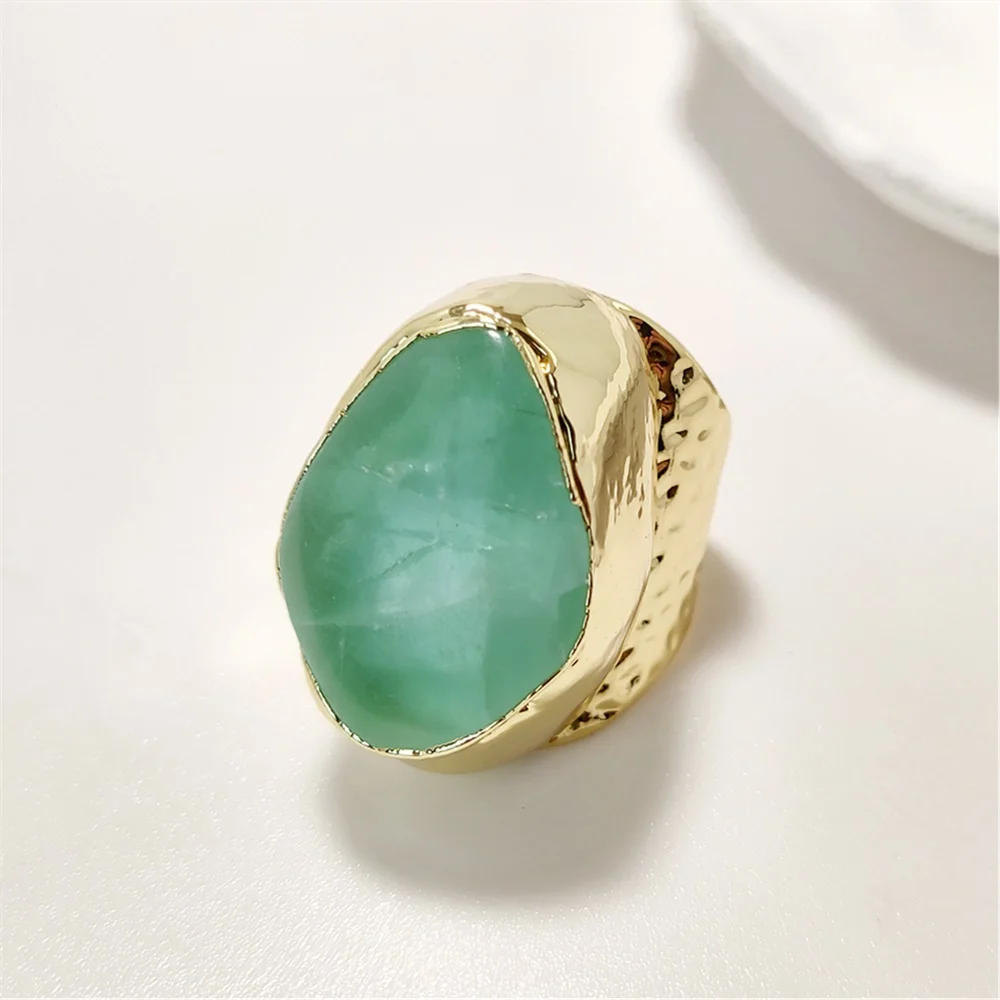 

FUWO 1Pcs Wide Edged 18K Golden Plated Ring, Set With Irregular Fluorite, Fresh And Elegant Exquisite Jewelry RG037
