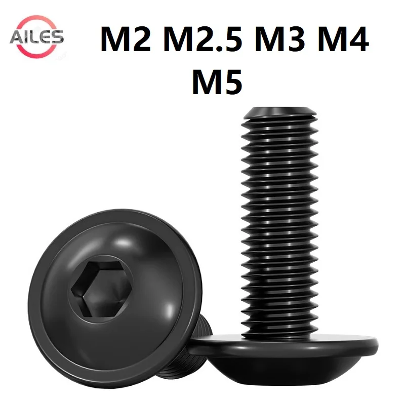 Black 304 Stainless Steel M2 M2.5 M3 M4 M5 Hex Hexagon Socket Round Button Head with Washer Pad Colar Screws Bolts