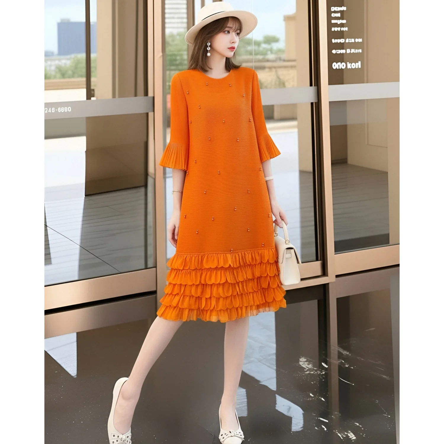 

Miyake Pleated Women's Casual Dress 2006 Summer New Japanese Design Seaside Vacation Large Size Round Neck Mid-sleeve Cake Dress