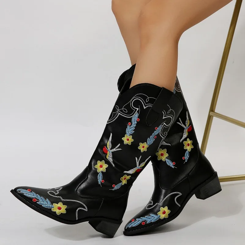 Women\'s Retro Embroidered Western Boots 2023 Autumn Pu Leather Thick Heels Cowboy Boots Woman Slip On Pointed Toe Mid Calf Botas