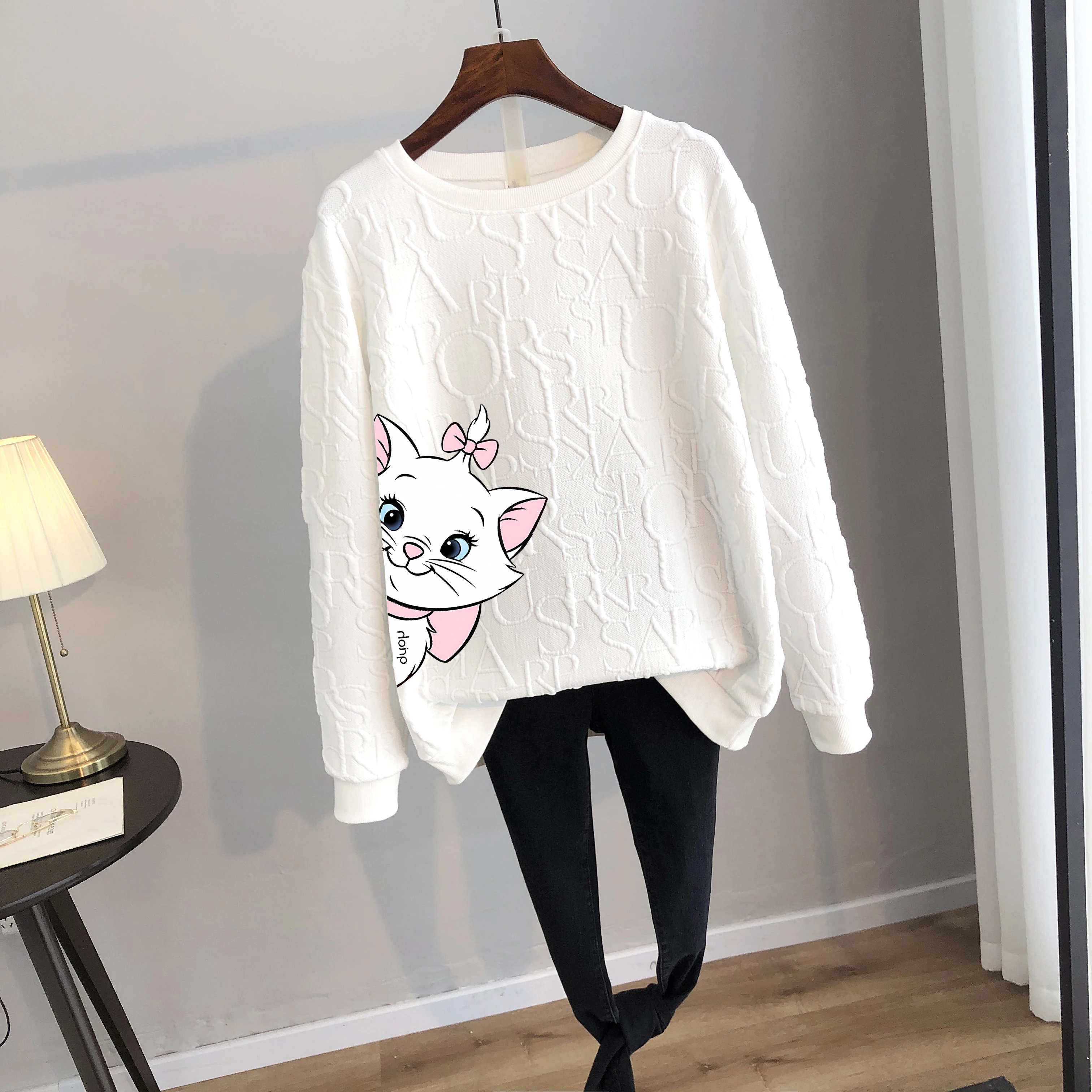 Disney 2024 Anime Cute Marie Winnie The Pooh Print Loose Sweatshirt Spring Autumn Cartoon Pullover Top Clothing