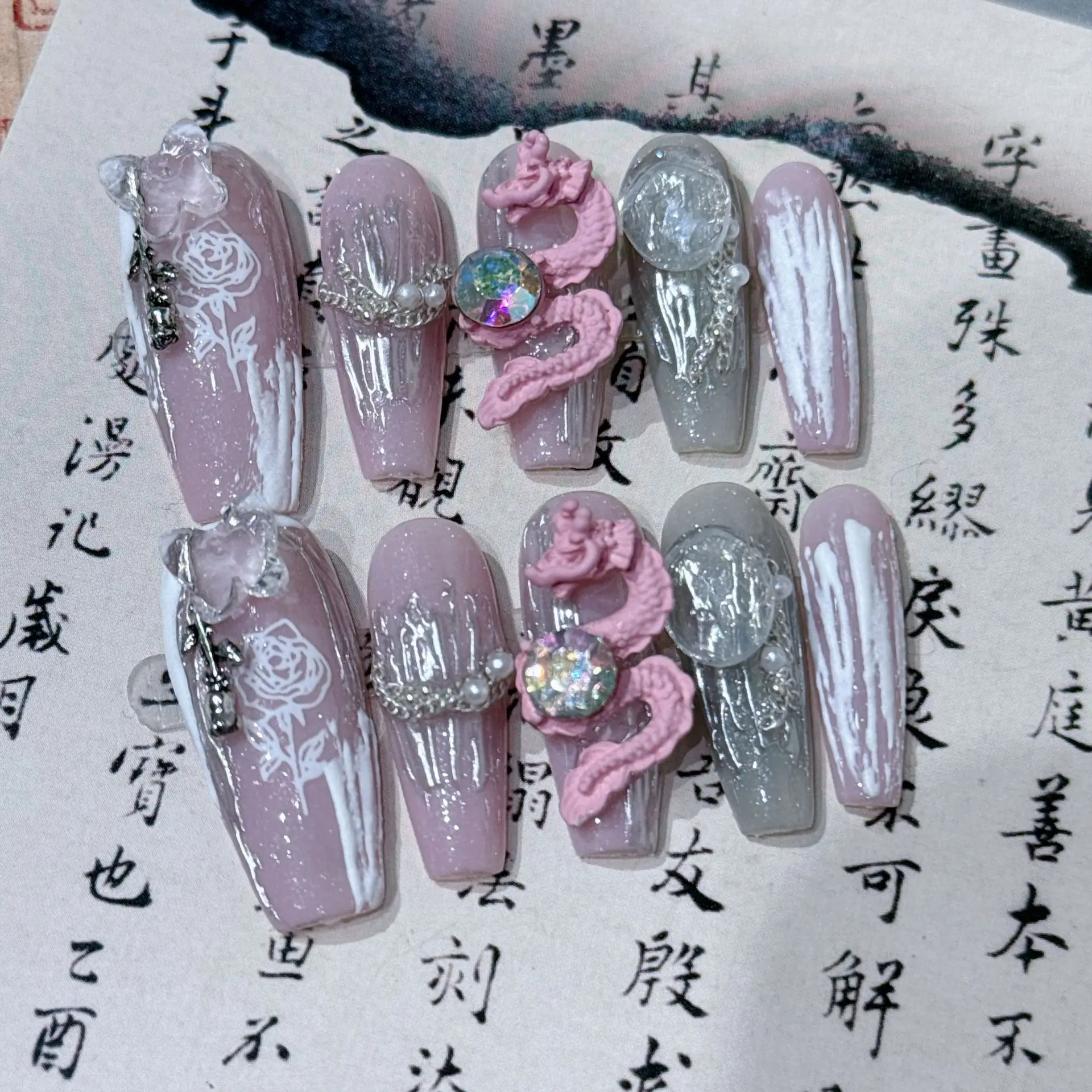 Handmade Pink Press on Nail with Chinese Dragon Design Long Ballerina Full Cover Fake Nails Wearable Rhinestone False Nails Tips