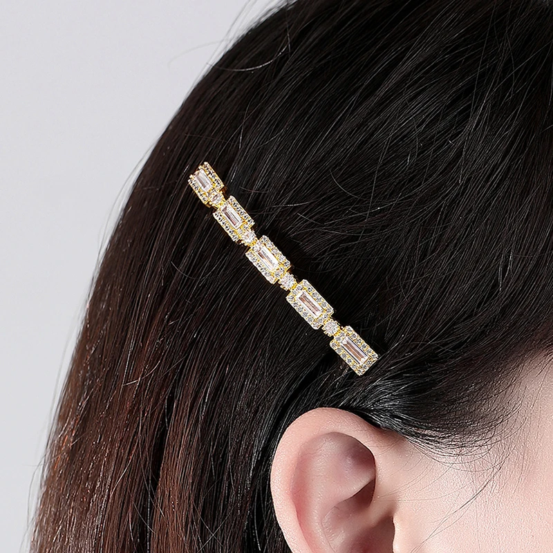 LUOTEEMI Geometric Luxury Korean Hair Clip Pin Gold Color Shinning Cubic Zirconia Hair Accessories Jewelry For Women Wedding