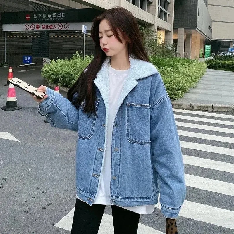 Warm Denim Jacket Women\'s Autumn Winter 2023 New Korean Lamb wool Plush Thicken Loose Jeans Jackets Casual Female Basic Coat