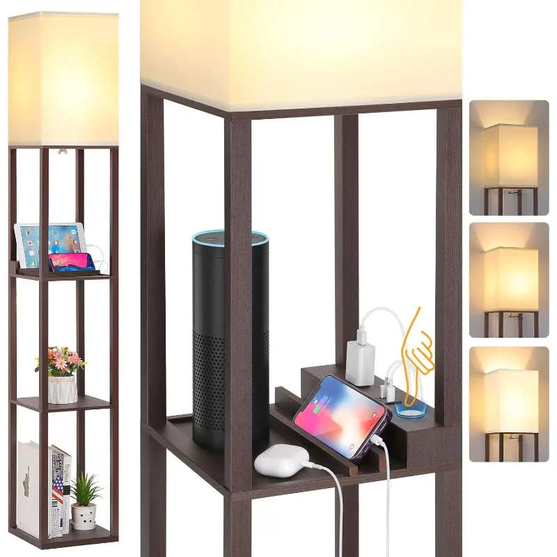 Touch Control Shelf LED Floor Lamp with Shelves, Charging USB, Type C Port and Power Outlet, Dimmable Standing Lamp for Living