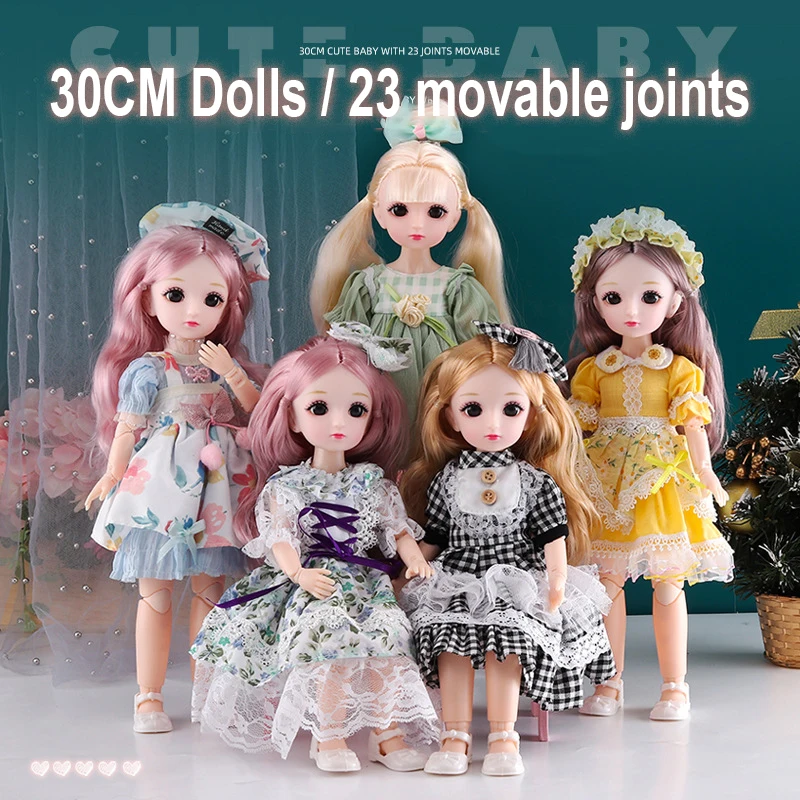 12 Inch BJD Doll 1/6 23 Movable Joints Makeup Dress Up 3D Big Eyeball Dolls for Girls Fashion Clothes for Skirt DIY Toys Gift