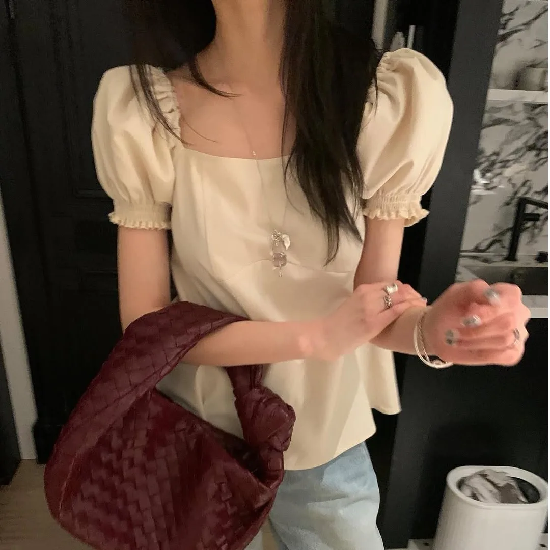 

Chic Sweet Agel Color Square Collar Bubble Sve irt Women's Spring New Sle Ele Versatile Top Korean Sle