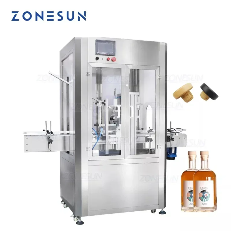 ZONESUN Custom Automatically Cork Feeding and Pressing Machine Glass Wine Bottle Capping Machine With Dust Cover