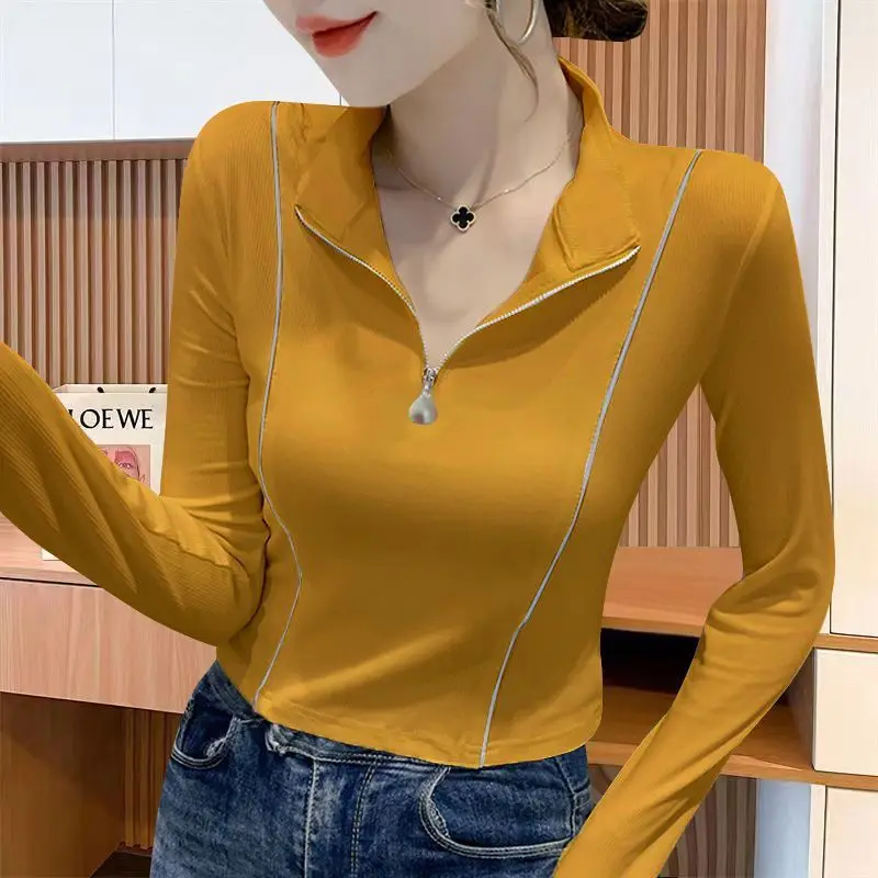 

Fashion Solid Color Bright Silk Zipper Blouses Women's Clothing 2023 Autumn Winter Loose Casual Tops Commuter Shirts