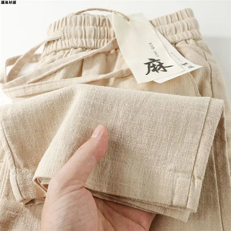 

2025 New Commuter Linen Cotton Casual Pants Elastic Waist Wide Leg Breathable Comfortable Straight Cut Men's Summer Trousers