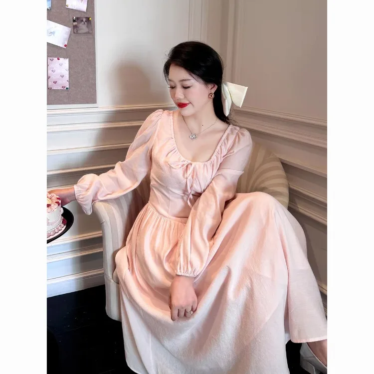 Korejepo Women Pink Long Sleeved Dress Autumn Gentle Thin Goddess Gentle Princess Sweet Temperament Fairy Skirt Long Dresses