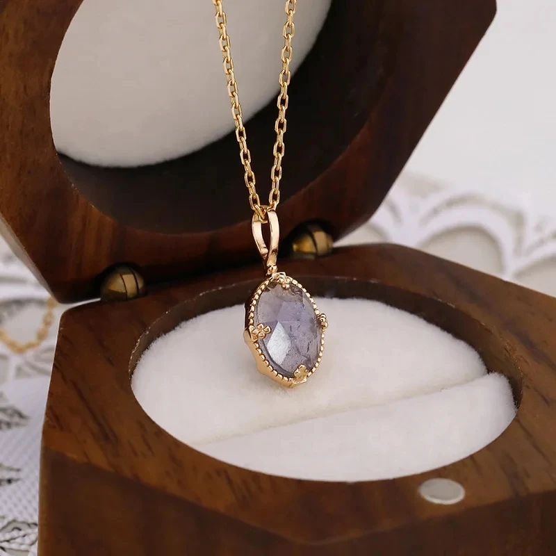 Vintage Neccklace for Women Natrual Gemstone Purple Pendant Labradorite Cordierite 925 Sterling Silver Gold Plated Jewelry NI213