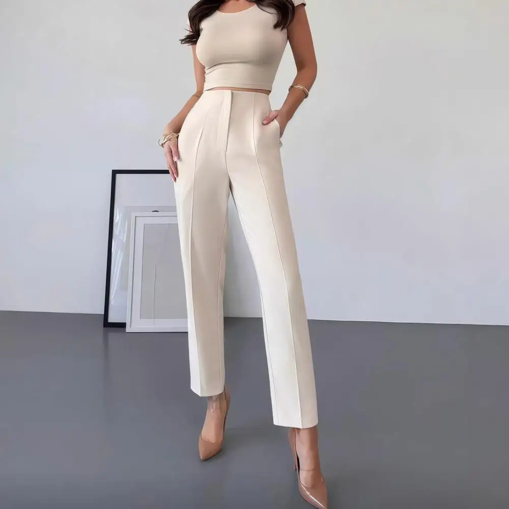 Women Pants Slim-Fit Straight Leg Nine-Point Length High Waist Tapered Dress Trousers with Pockets Business Casual Trousers.