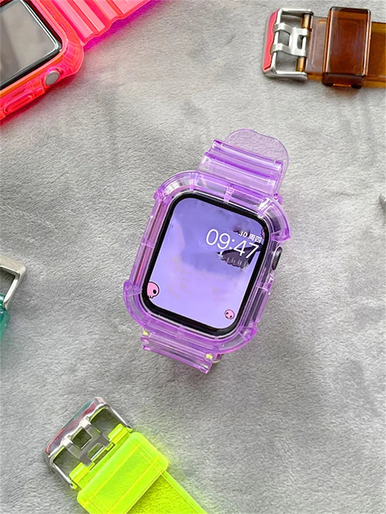 Case+Strap For Apple Watch Band Glittery 41mm 49mm 40 44mm 42 Accessories Silicone Transparent Bracelet For iWatch 6 SE 7 Cases