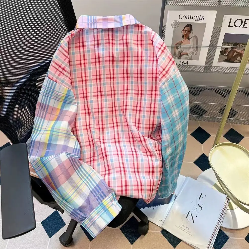 Long Sleeve Cotton Plaid Shirts Lovely Rainbow Pink Harajuku Single Breasted Shirt Cute Lovers Preppy Style Autumn Coat Cardigan