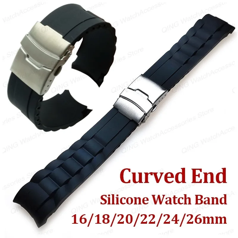 Curved End Watch Strap Silicone Watchband 16/18/20/22/24/26mm Universal Sport Rubber Bracelet Men Women Folding Buckle Wristbelt