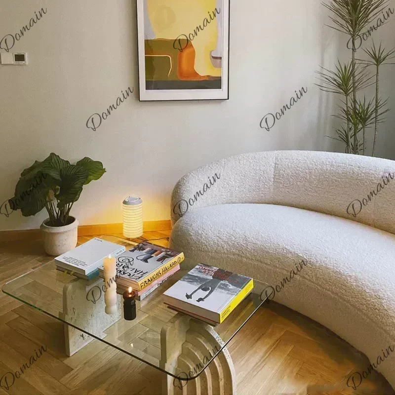 QUG Nordic Natural Travertine Coffee Table Modern Light Luxury Tempered Glass Tea Table for Living Room Hotel Creative Design L