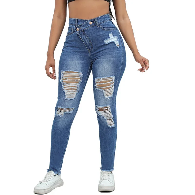 

Women Slim Pencil Jeans Fashion Broken Holes Hollow Out High Waist Slant Button Denim Pants Female Casual Tight Stretch Trousers