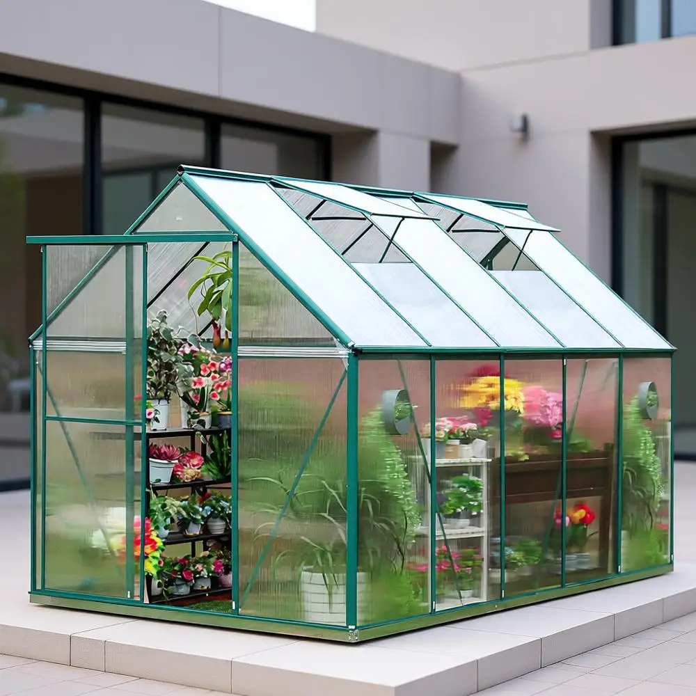 

10x6 ft Durable Polycarbonate Walk-in Greenhouse Kit with Gutters, Ventilation, and Lockable Door for All-Season Gardening