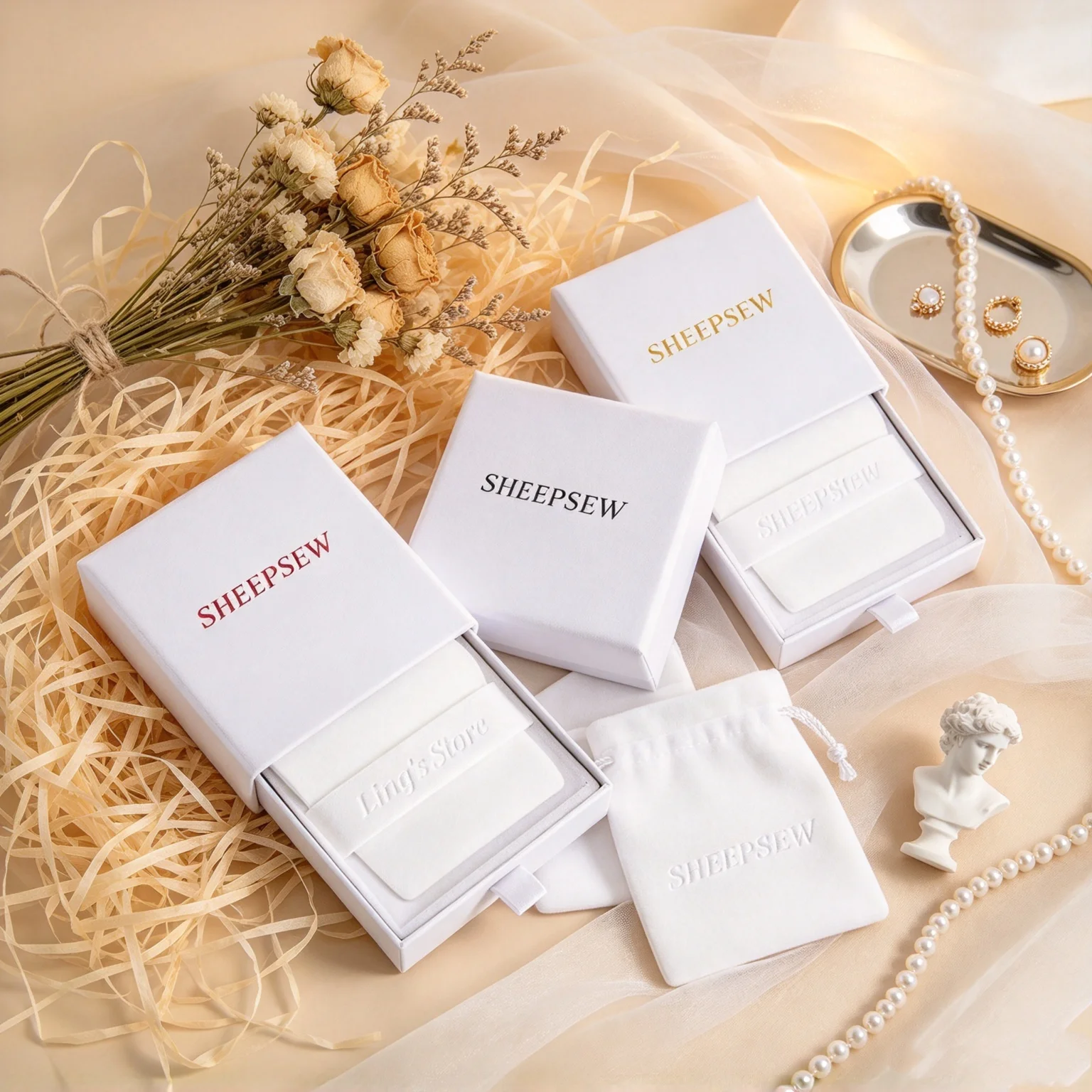 SHEEPSEW 100Pcs Custom Logo Drawer Jewelry Box Microfiber Suede Pouch Earrings Necklace Rings Gift Storage Packaging Bag