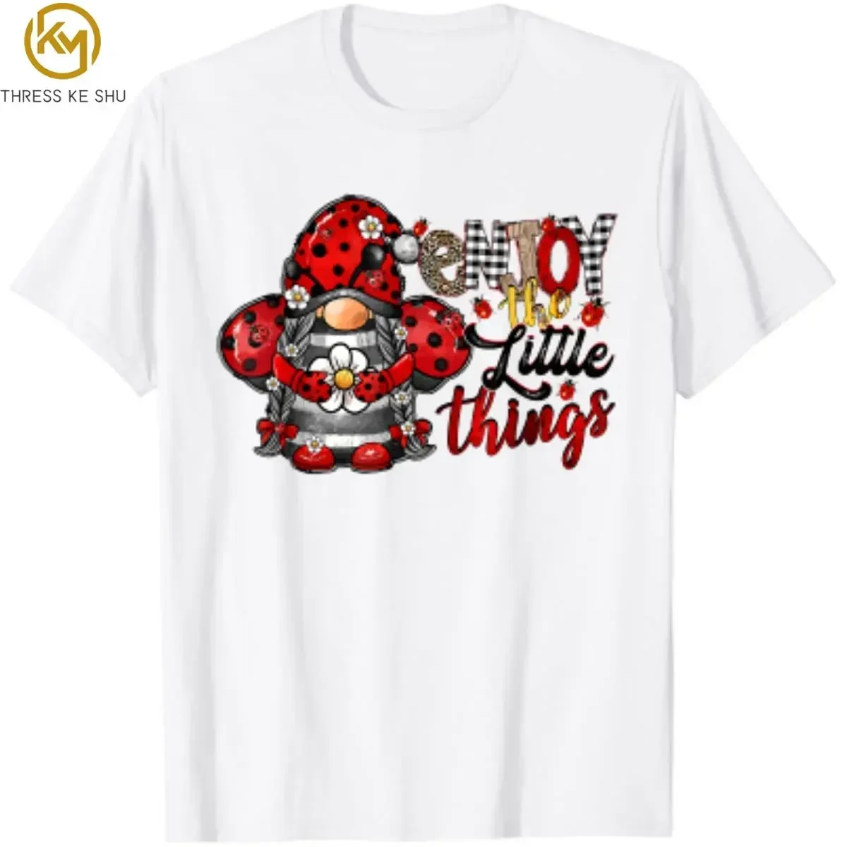 Enjoy The Little Thing Cute Ladybug Gnome Summer T-Shirt Streetwear Graphic T Shirts Cotton Daily Four Seasons Shirts Tees