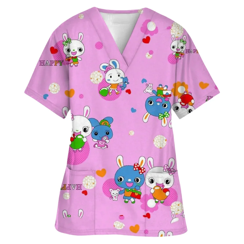 Nursing Uniform for Women Cute Animal Cartoon Print Vet Nurse Tops Fashion V-Neck Short Sleeve Dental Surgical Uniforms Woman