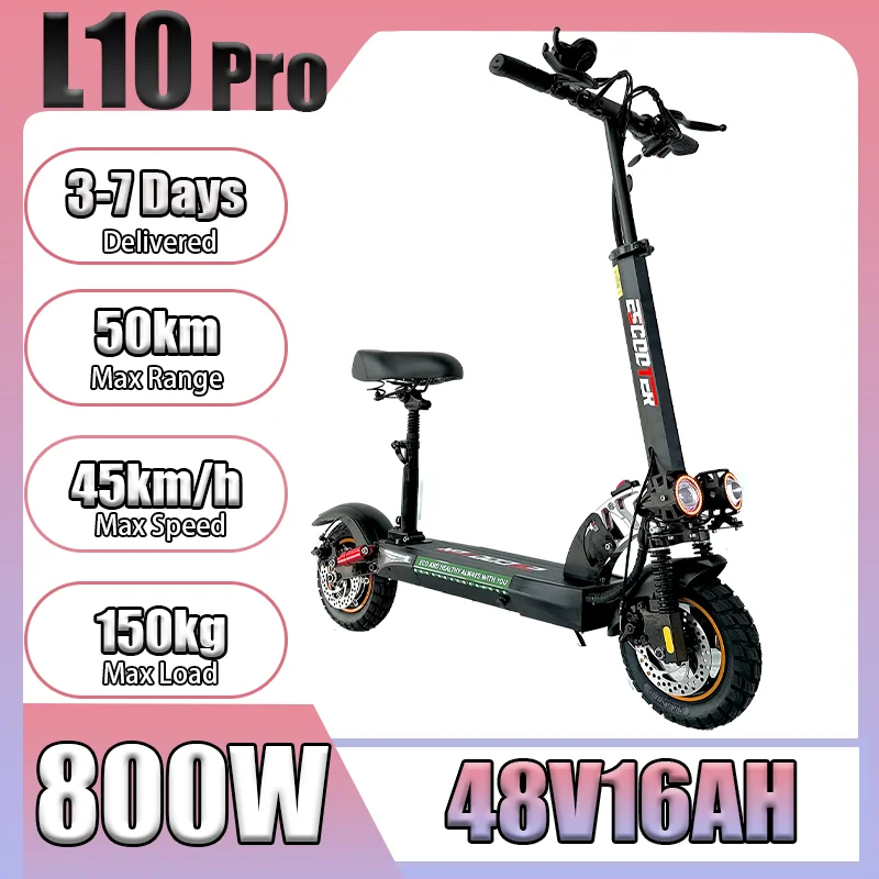L10 PRO E-Scooter 800W Motor 48V16AH Akku 50KM Reichweite 45KM/H E-Roller 10-Zoll-Reifen mit Blinker und Sitz Elektroroller