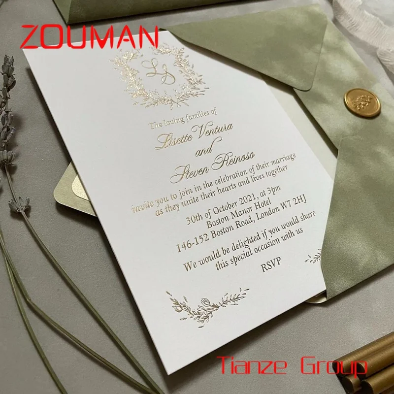 Custom Reliëf Goud Zilver Foiling Papier Bruiloft Uitnodiging Kaart Met Salie Groene Envelop Custom Low Moq Boekdruk Bruiloft In