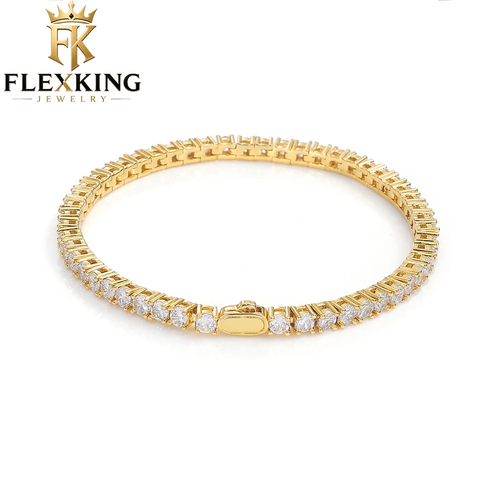 FLEXKING Iced Out Bling Tennis Bracelet 3/4/5mm Width Copper Cubic Zirconia Spring Buckle For Men Women Hip Hop Fashion Jewelry