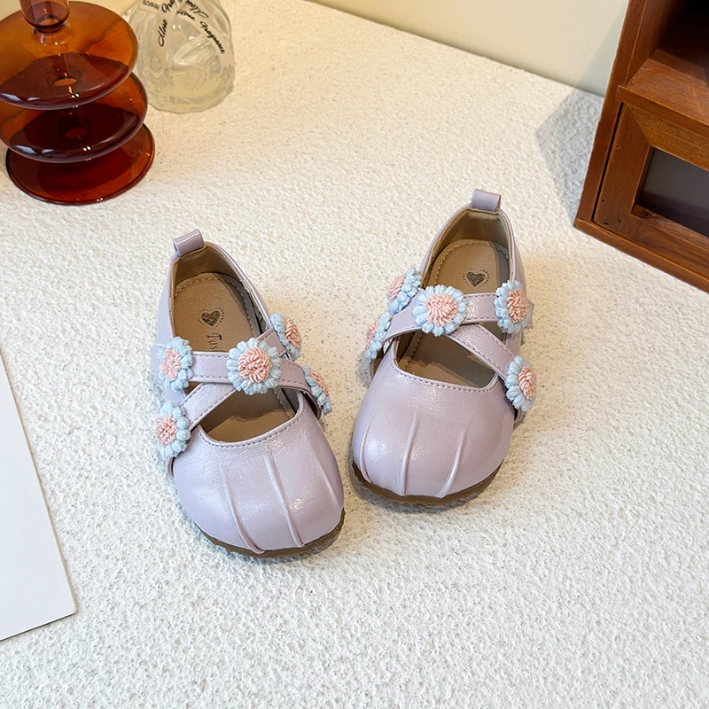 Floral Embroidery Purple Leather Ballerina Shoes Kid Girls Cross Strap Ballet Flats Baby Child Wedding Party White Flower Shoes