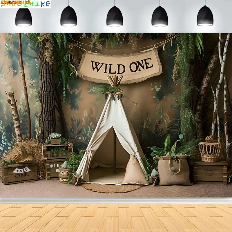 سفاري وايلد وان وودلاند الاطفال 1st حفلة عيد ميلاد خلفيات للتصوير الفوتوغرافي خرافة خيمة داخلية استوديو الصور خلفية XC-01 #2