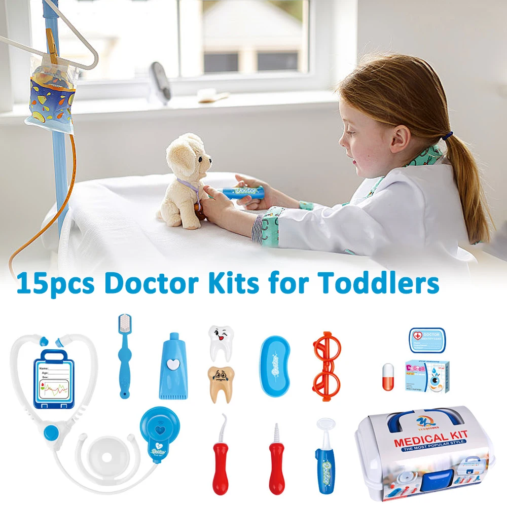유아용 의사 키트 어린이 의사 놀이 세트 15개 구성품 포함: 테이퍼 파일, 치실 클리너, 칫솔, 청진기, 치아, 알약