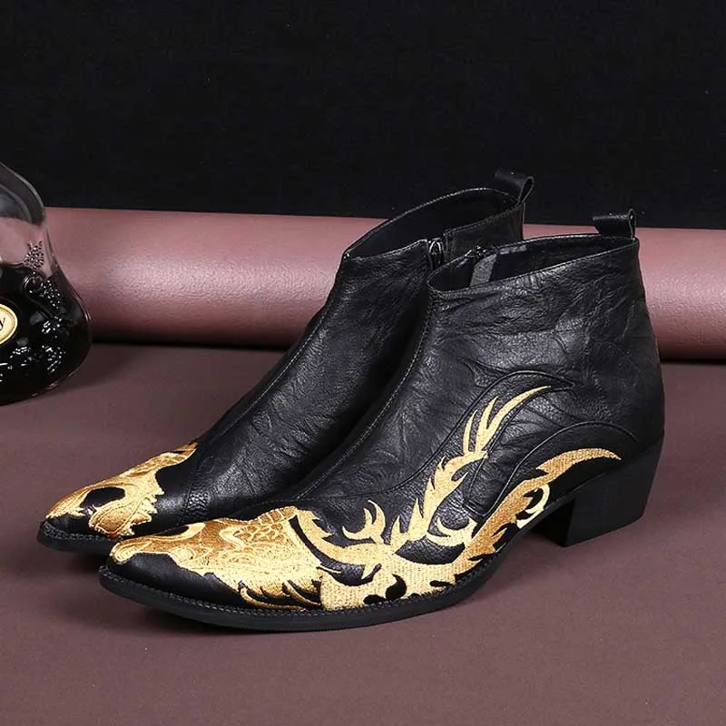 

Folk Gold Embroidery Dragon Man Leather Boot Shoes Masculinos Men High Top Cow Leather Banquet Bottines Zapatos Male Dress Shoes