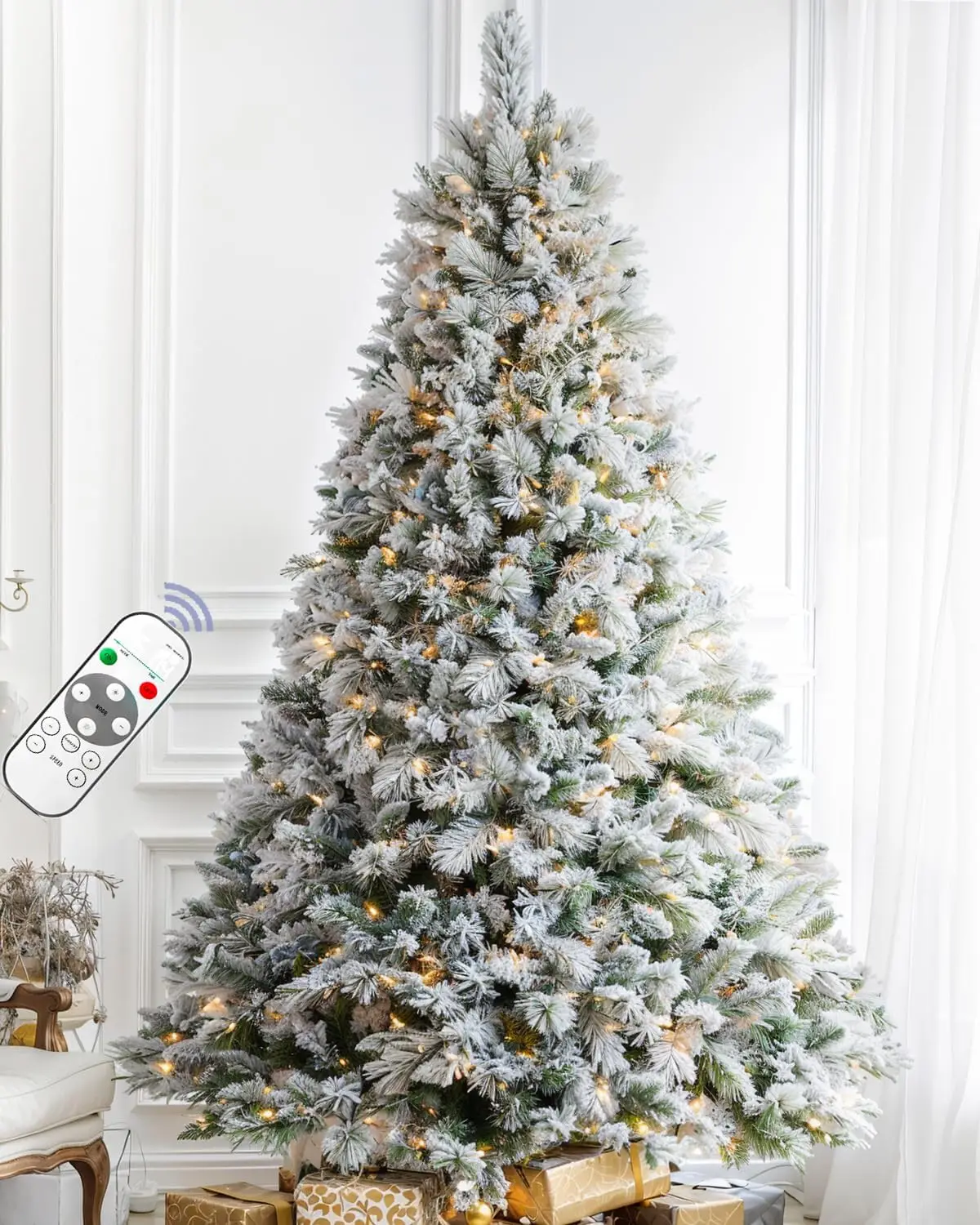 Snow Flocked Christmas Tree Spruce with Remote Control, 600 Warm White Multi-Color Lights, Artificial Hinged/Feel