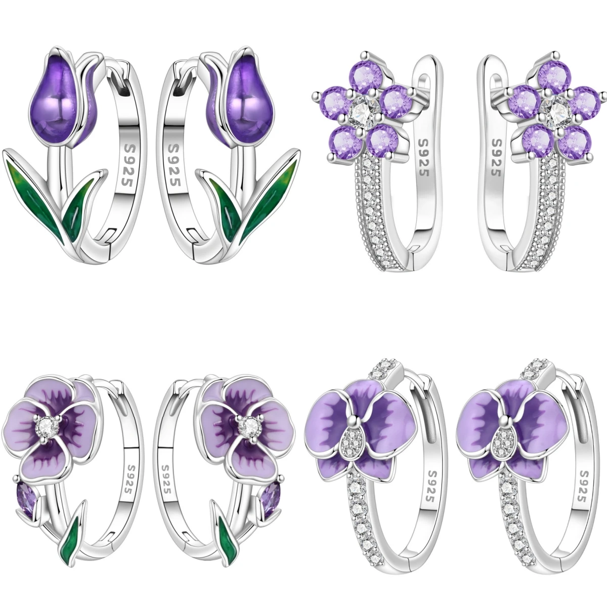 CYCUFF S925 Sterling Silber Lila Blumen-Serie Ohrringe Creolen Damenschmuck Original Trendige Jubiläumsgeschenke