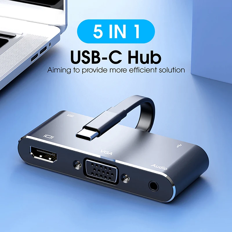 

V126 5 In 1 Type C Hub Multifunction USB 3.0 Hub For Macbook Pro With PD Fast Charging 4K HDTV VGA 3.5mm Audio