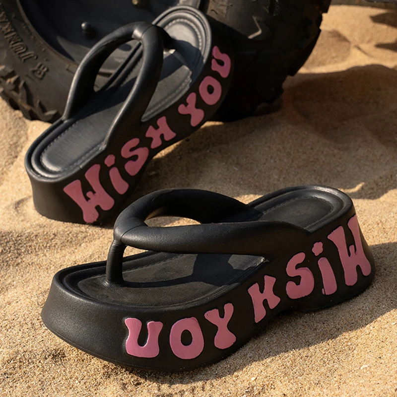 Sommermode Chunky Plateau Flip-Flops für Damen – Outdoor-Slipper mit Buchstabenprint und dicker Sohle, rutschfeste Strandsandalen für Frauen