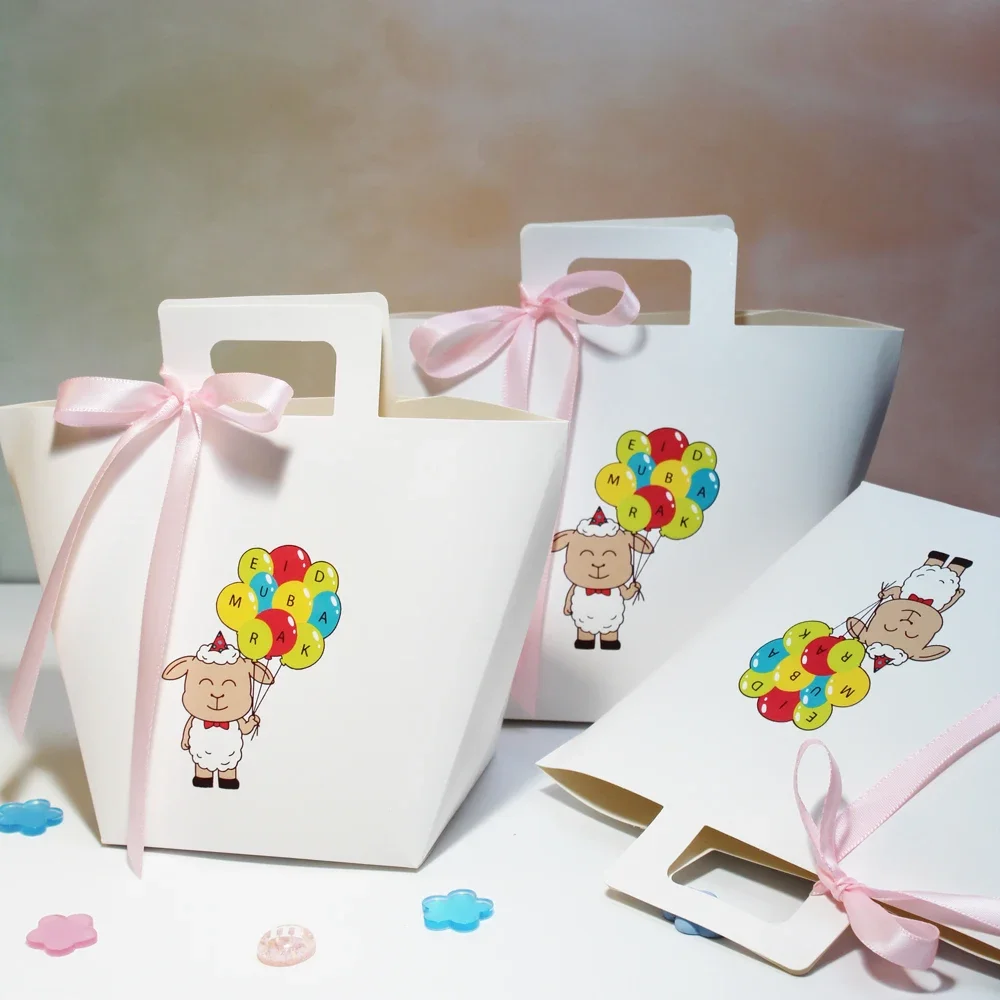 

Eid Al-Adha Candy Boxes: Cartoon Sheep & Balloons, Ribbon, Handle for Festive Celebration