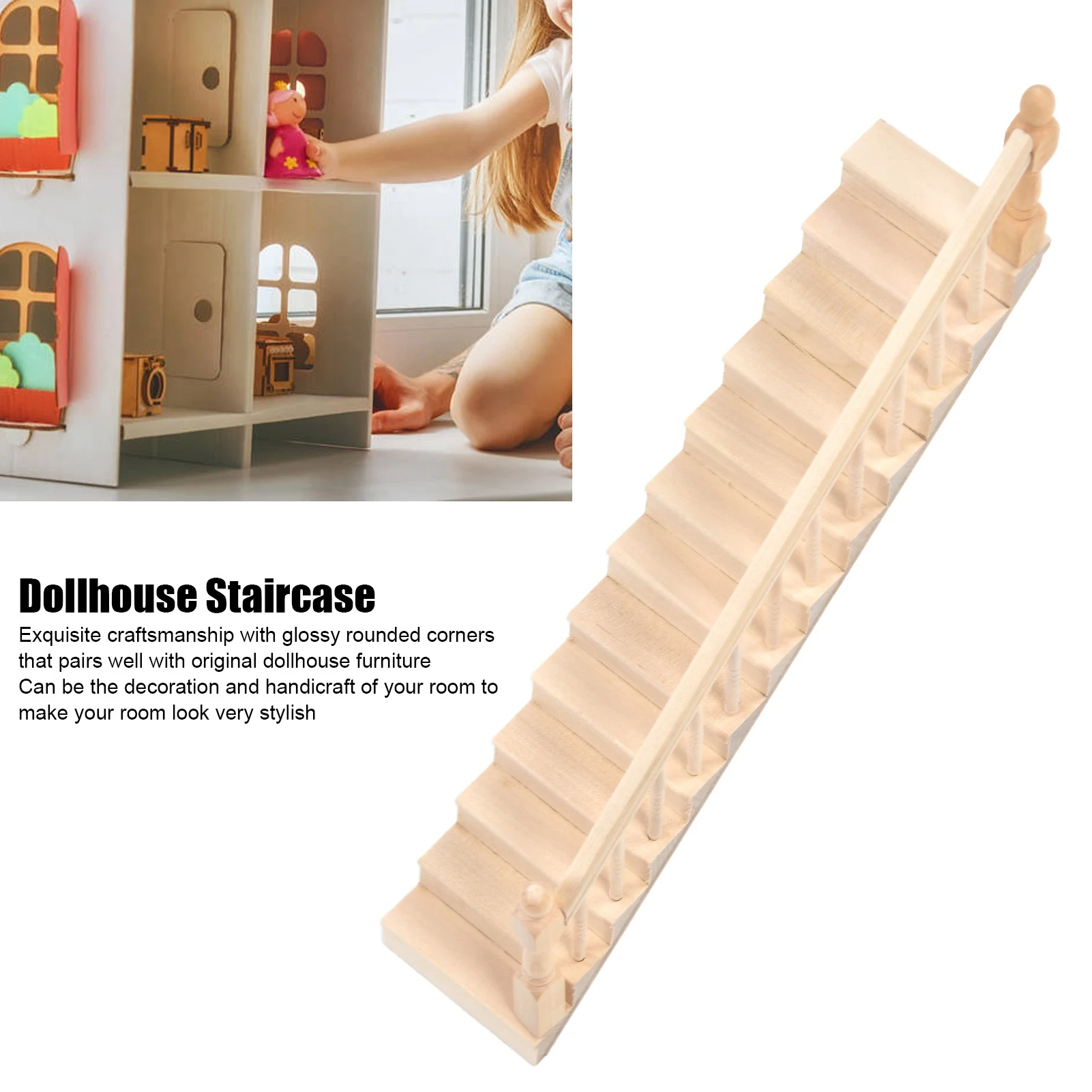 Doll House Stairs Glossy Rounded Corners Birch Material DIY Vivd Cute 1/12 Scale Miniature Staircase for Crafts