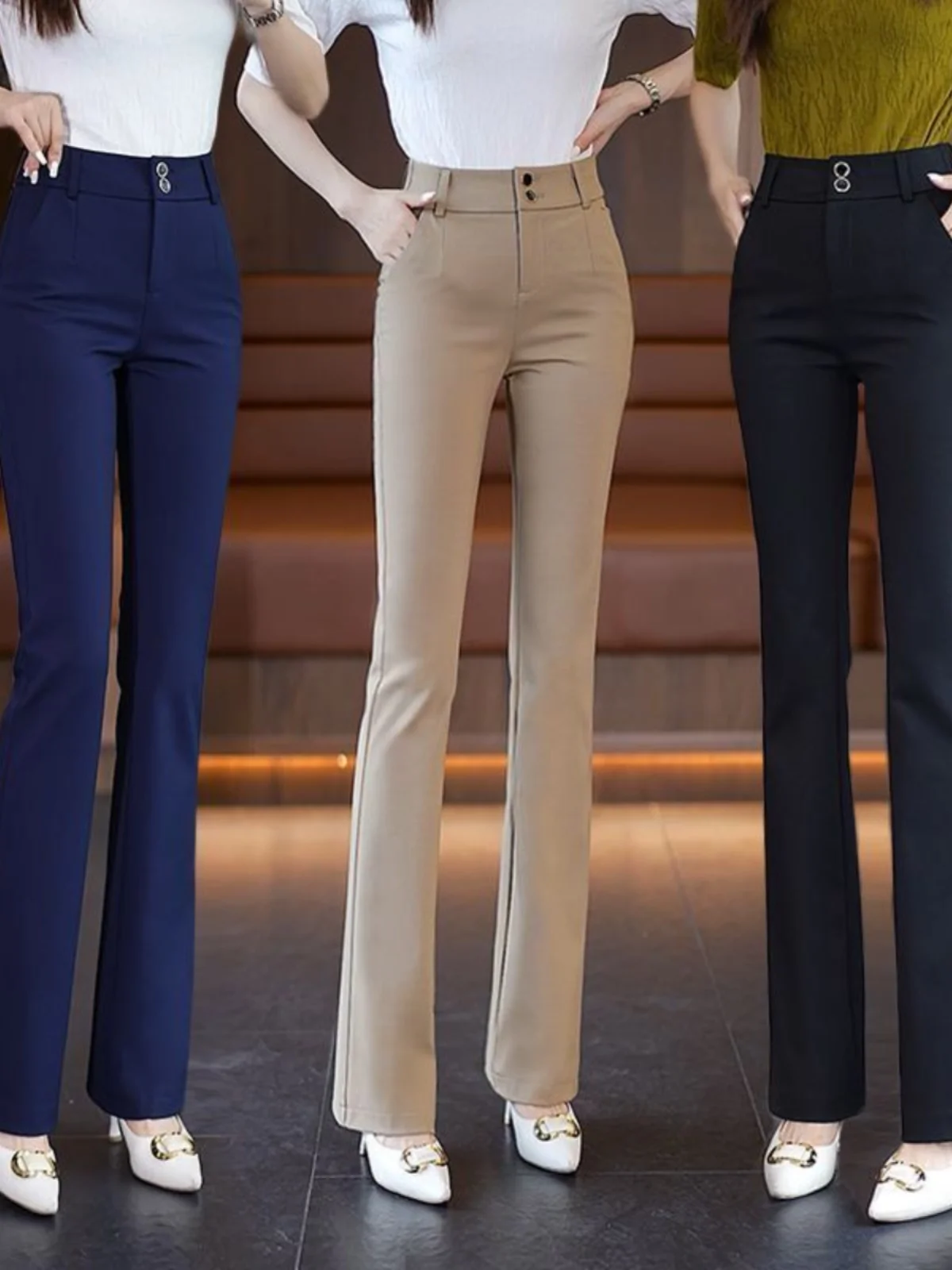 بنطلون نسائي واسع الساق بخصر مرتفع ومرن للتنحيف متعدد الاستخدامات للربيع والخريف بتصميم جديد وعصري