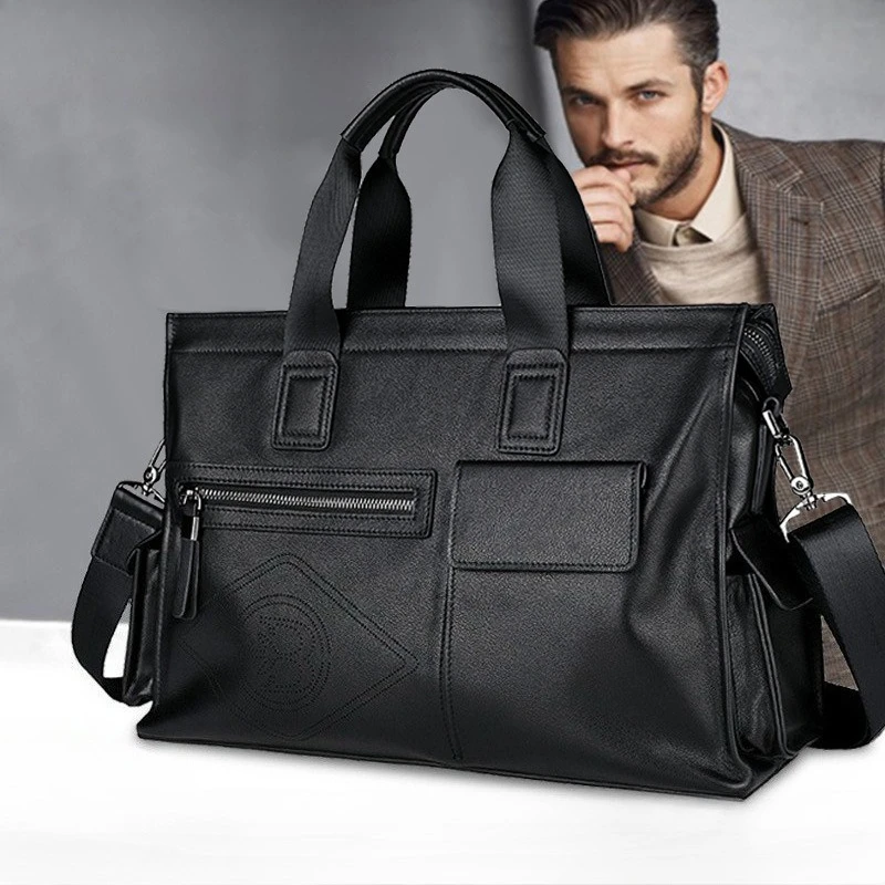 Men’s Fashion Leather Briefcase Large Capacity Business Tote Bag Trendy Handbag Genuine First Layer Cowhide