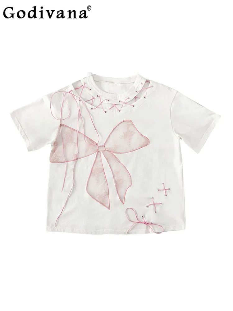 

Summer Sweet Bow Chic Lace Embroidered Hollow Lace-up White T-shirt Cute Girl Round Neck Short Sleeve Loose Versatile Cotton Top