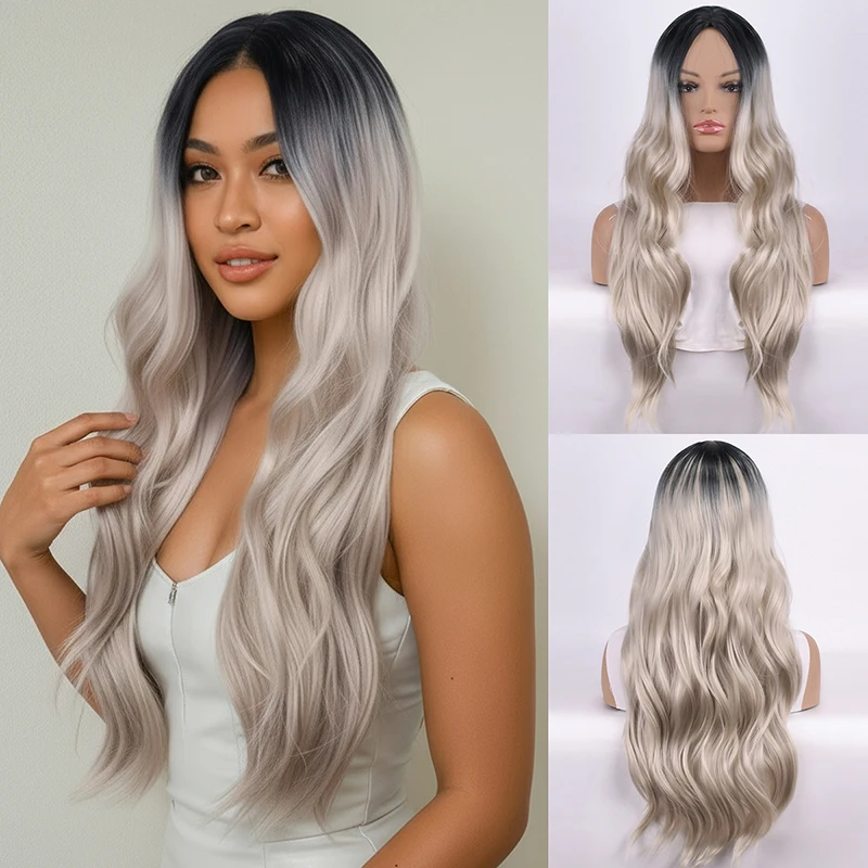 

Wig, women's figure eight bangs, gradient light silver, long curly hair, matte finish Synthetic fiber wig