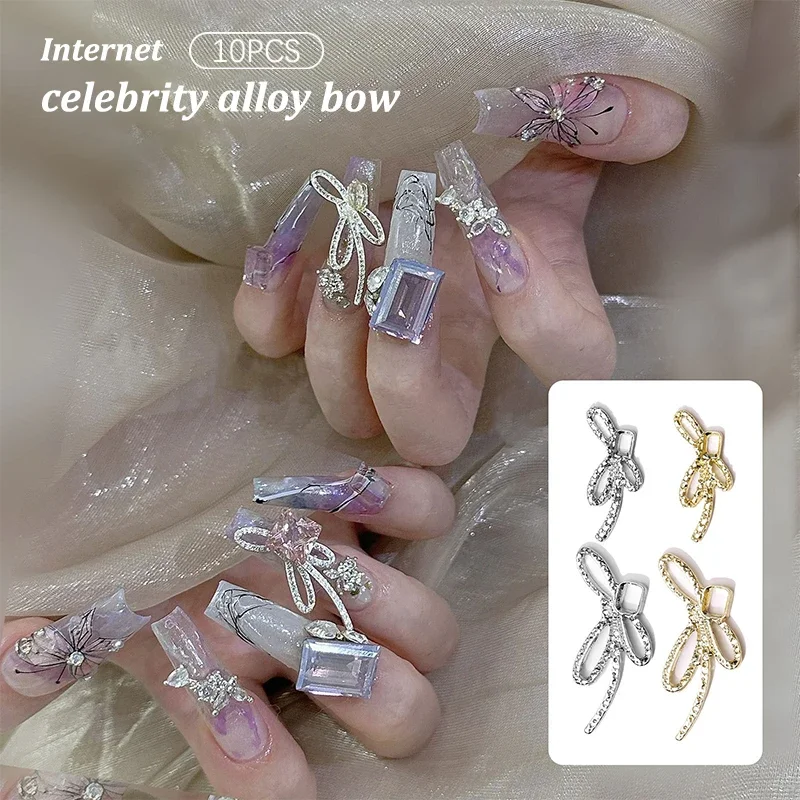 

10Pcs DIY Nail Art Decoration 3D Sliver/Gold Bow Tie Nail Drills Square Mouth Can Be Set With Diamonds For Manicure Design Acces