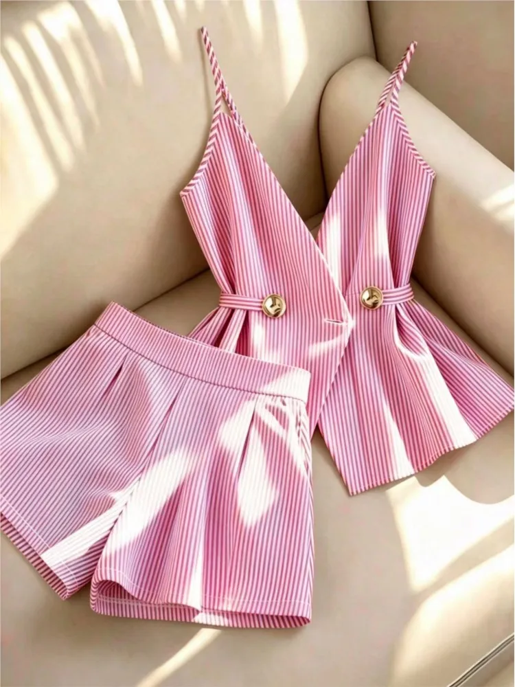 Women Striped 2 Piece Set V-neck Top Lace Up High Waist Pleated Wide Leg Shorts Summer Fashion Office Ladies Commuting Outfit