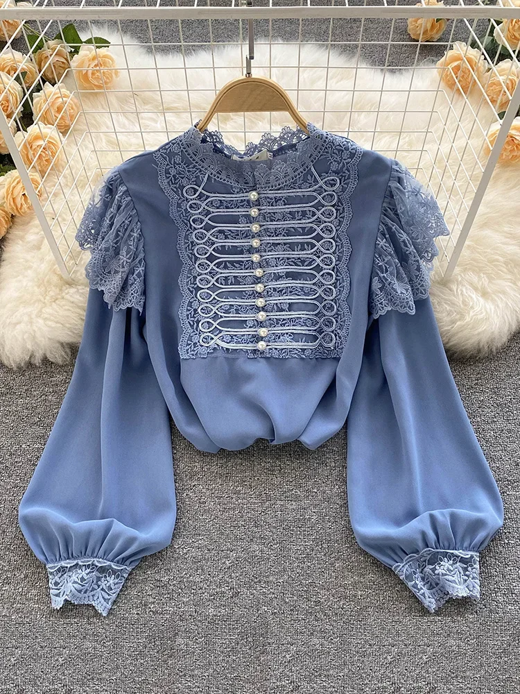 Autumn Spring New Fashion Chiffon Blouse Female Lace Stitching Puff Sleeve Blusa Self-cultivation Retro Buttoned Shirt KK1783