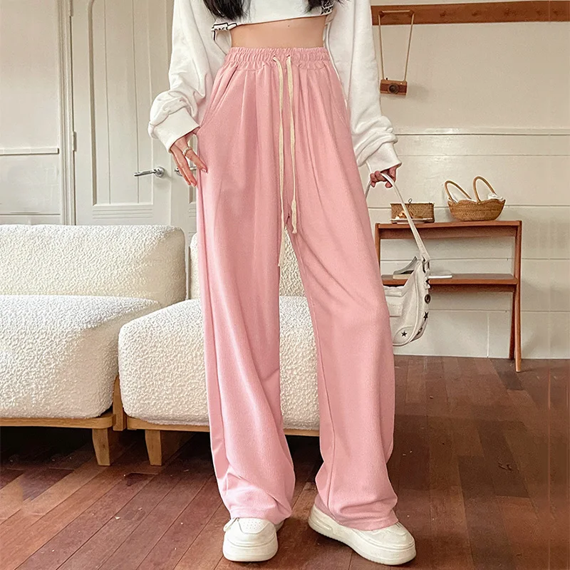 Women Cutecore Pink Casual Sweatpants Lady Wide Leg Concise Sports Style Trousers Female Daily High Waisted Korean Version Pants